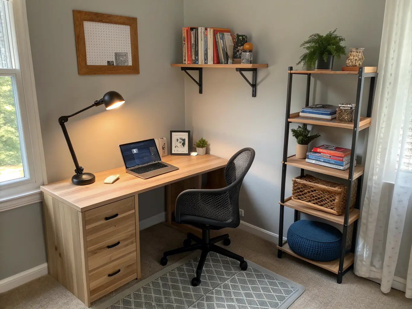 Photorealistic teen bedroom corner study nook with light oak desk, black mesh chair, glowing desk lamp, floating shelves with books and pothos, and soft afternoon window light.