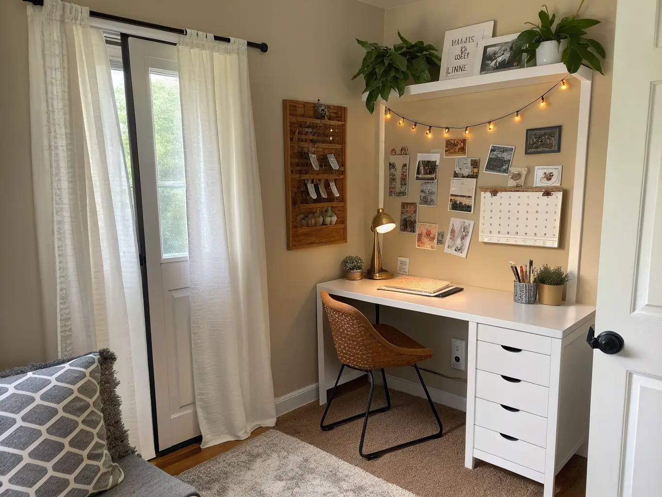 Photorealistic wide shot of a minimalist teen study nook in a converted closet, with a white desk, pegboard organizer, pothos plant, and soft morning light.