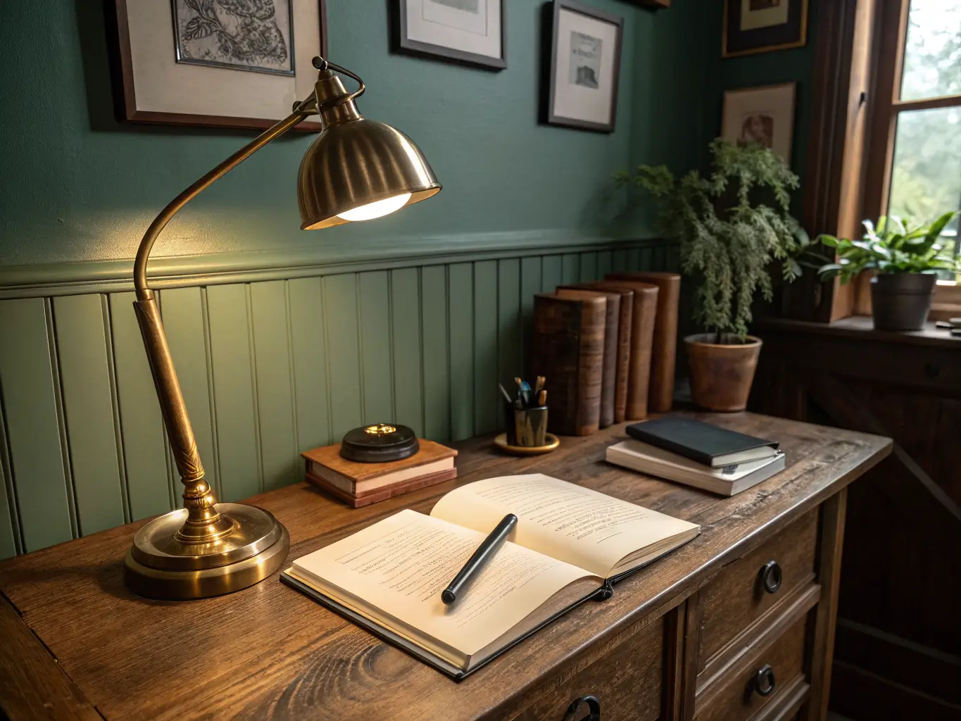 Close-up of a dark academia study desk corner with a brass lamp lighting an open notebook, stacked books, pen holder, plant, and botanical print against a moss green wall.