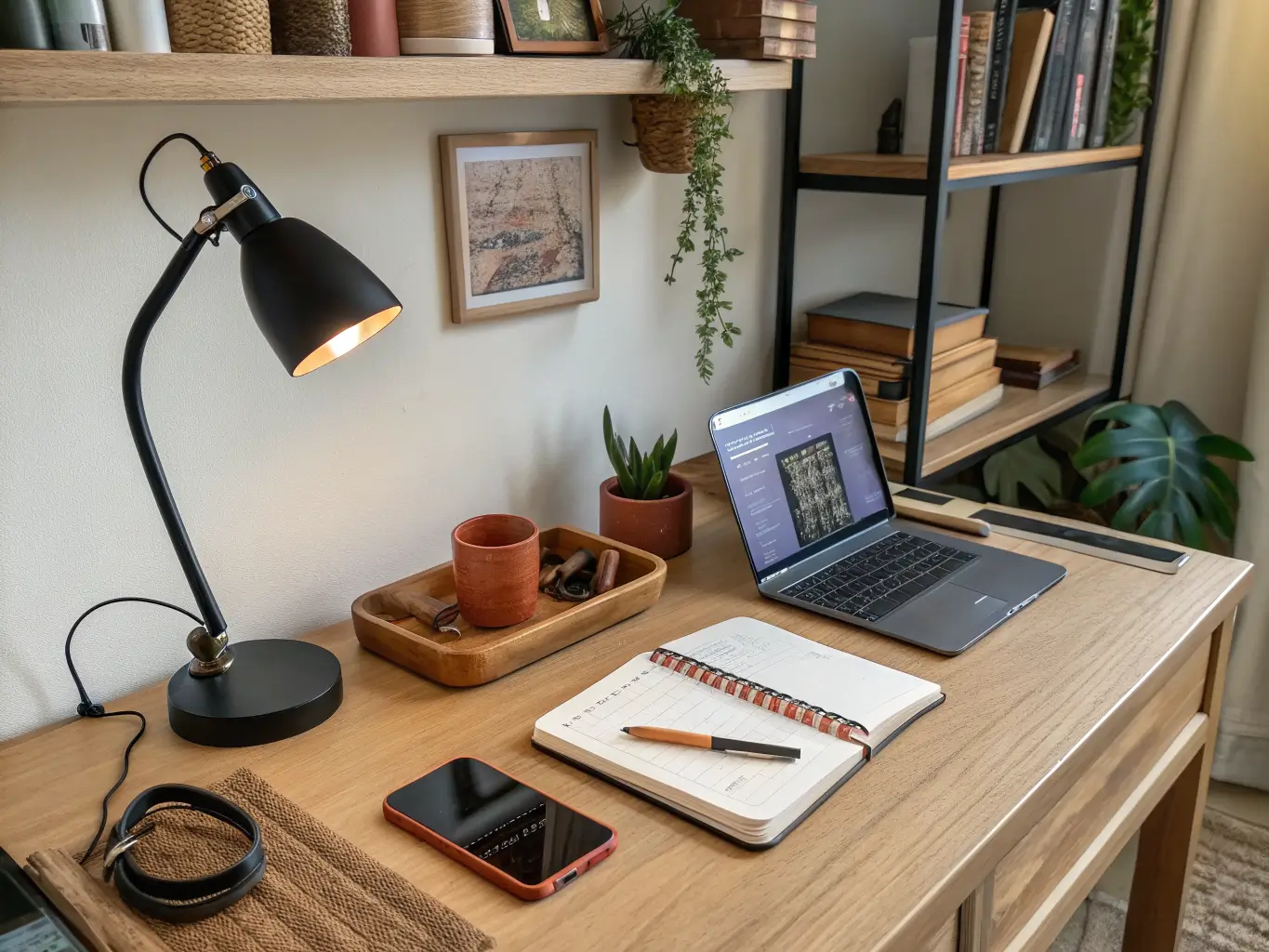Close-up of a teen’s light oak desk in golden-hour light with an open notebook, laptop edge, charging dock, pen cup, warm desk lamp, and a shelf with a snake plant and books.