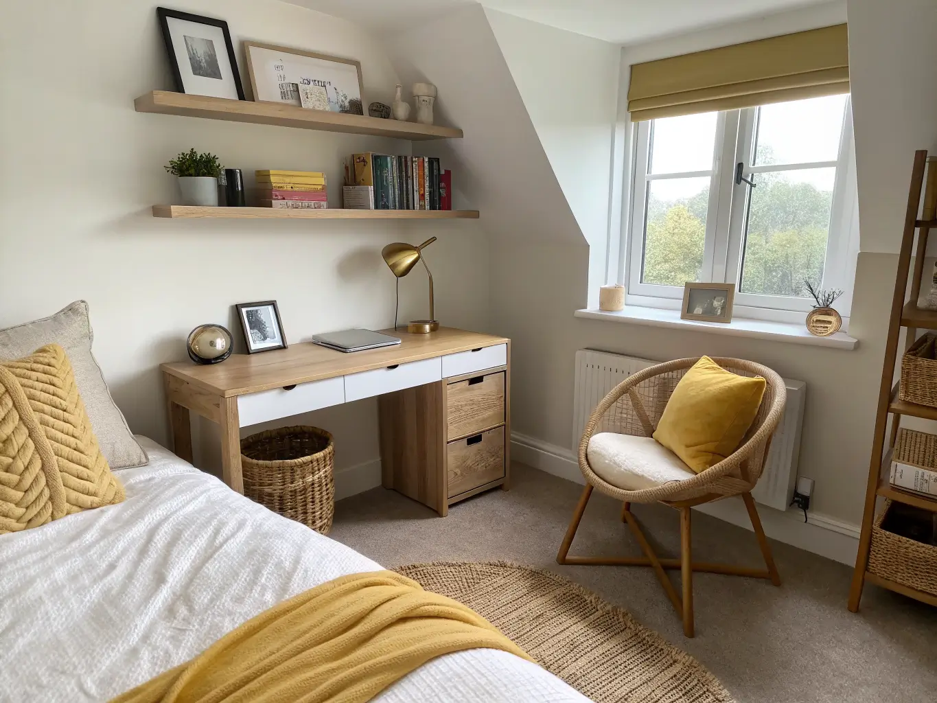 Wide-angle photo of a teen bedroom with a light oak desk and floating shelves opposite a neatly made bed, separated by a sage-and-cream runner rug in soft daylight.
