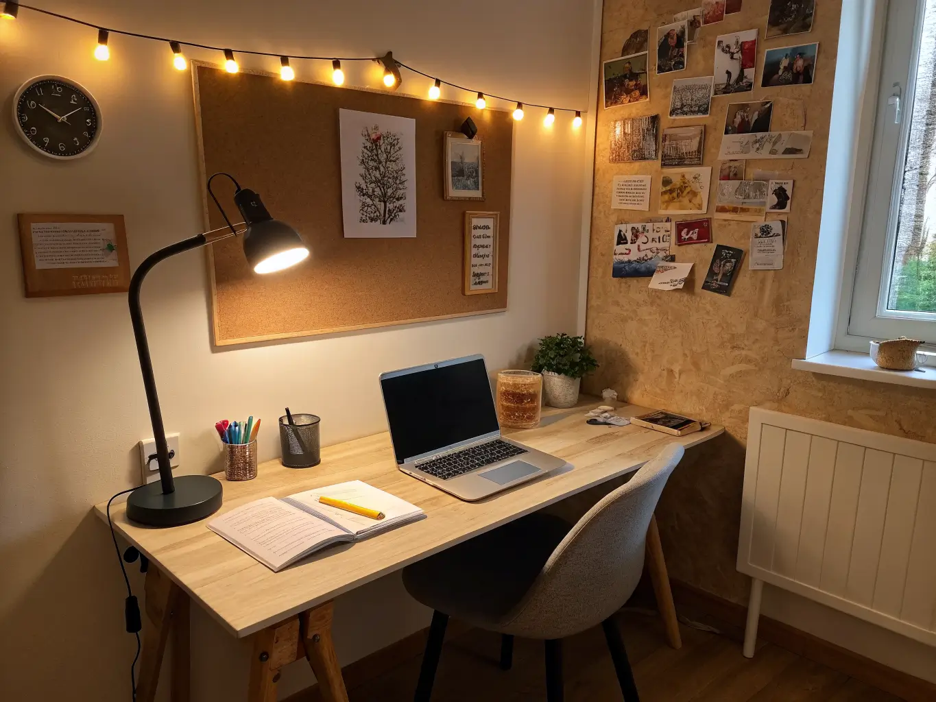 Photorealistic evening teen study nook with layered lighting: pendant glow, 4000K desk lamp, warm string lights around a corkboard; oak desk with laptop and notebook, black ergonomic chair, cozy cinematic mood.