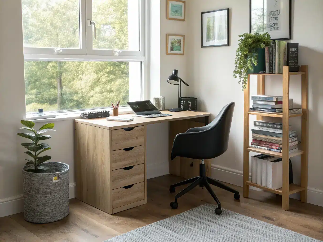 Bright morning view of a compact teen study corner in a 3-foot gap, with a narrow light oak desk, black task chair, snake plant, wall-mounted file rack, and tidy vertical storage.