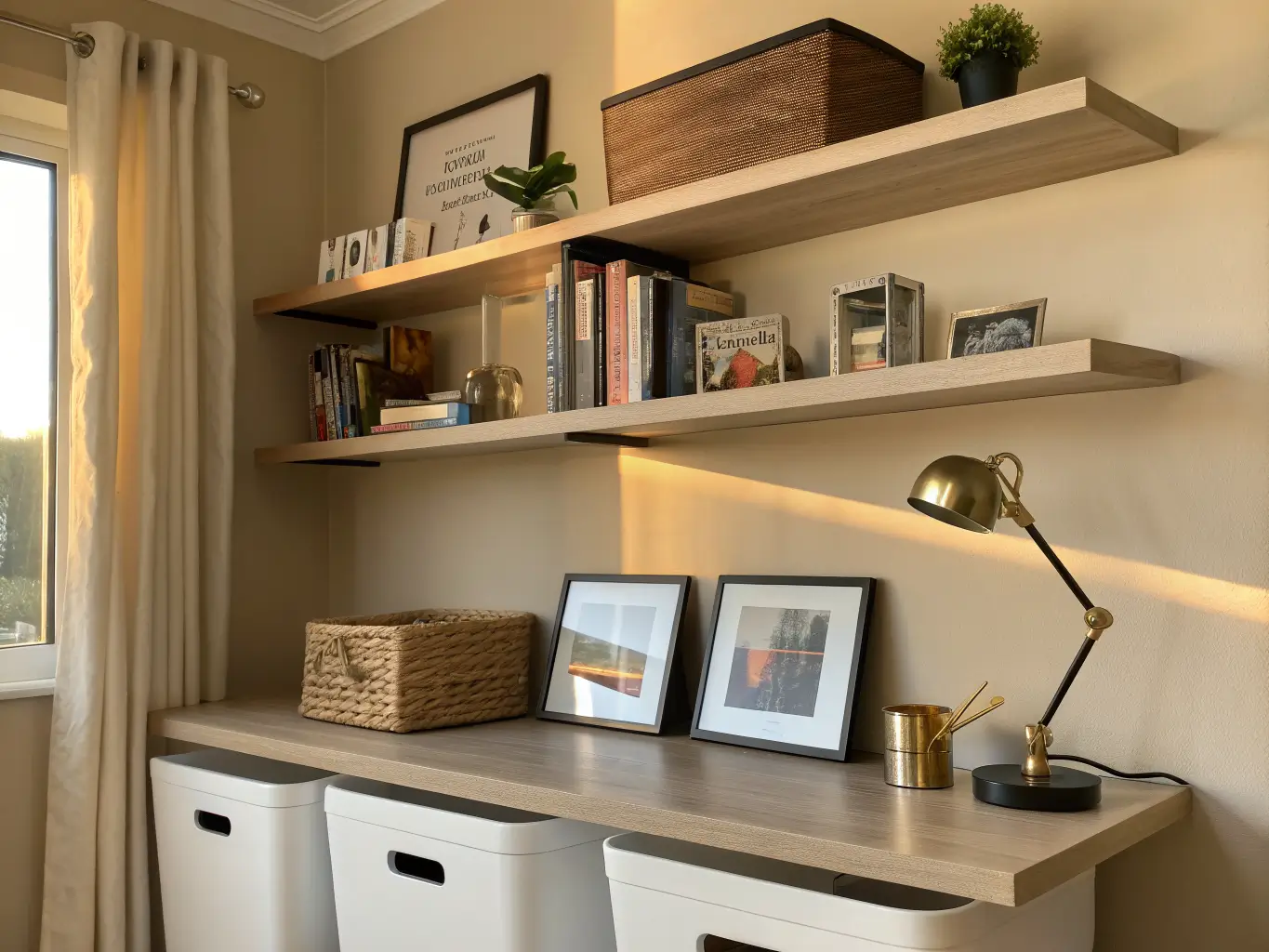 Angled, sunlit teen study room storage wall with light oak floating shelves holding books, woven basket, trophy, framed photos, and a brass clip lamp above white bins under a desk.