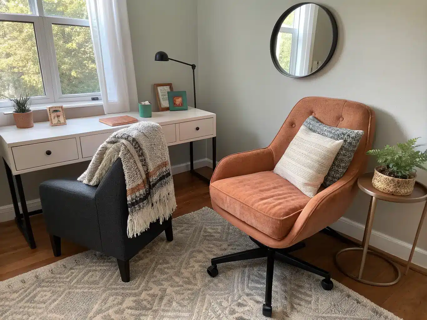 Photorealistic teen study nook with black ergonomic desk chair, terracotta lounge chair with throw, light oak desk, warm rug, side table with mug and pothos, and a mirror on a muted greige wall in soft daylight.
