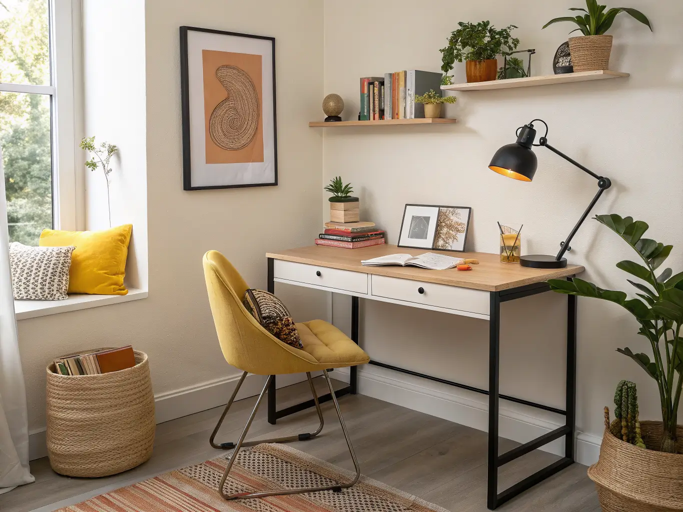 Photorealistic teen study desk with light oak top, terracotta desk mat, framed art print, butter yellow pillow, floating shelves with books, trophy, and snake plant under warm-neutral lamp light.