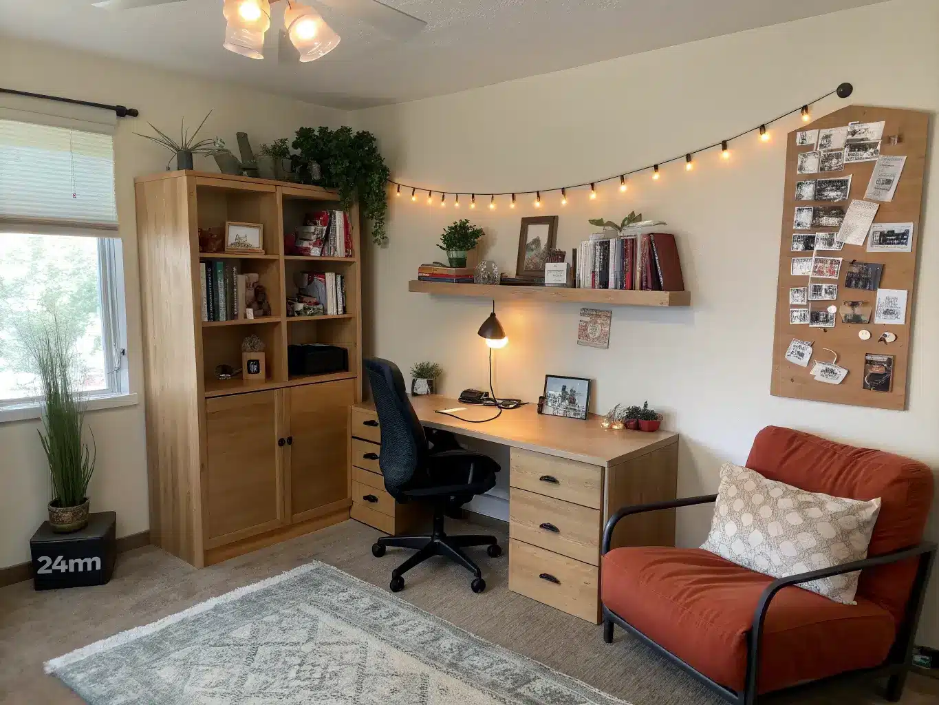 Photorealistic wide doorway view of a teen study room with a light oak desk, black chair, layered lighting, corkboard and calendar, floating shelves, sage-and-cream rug, terracotta lounge chair, and a bed in the background.
