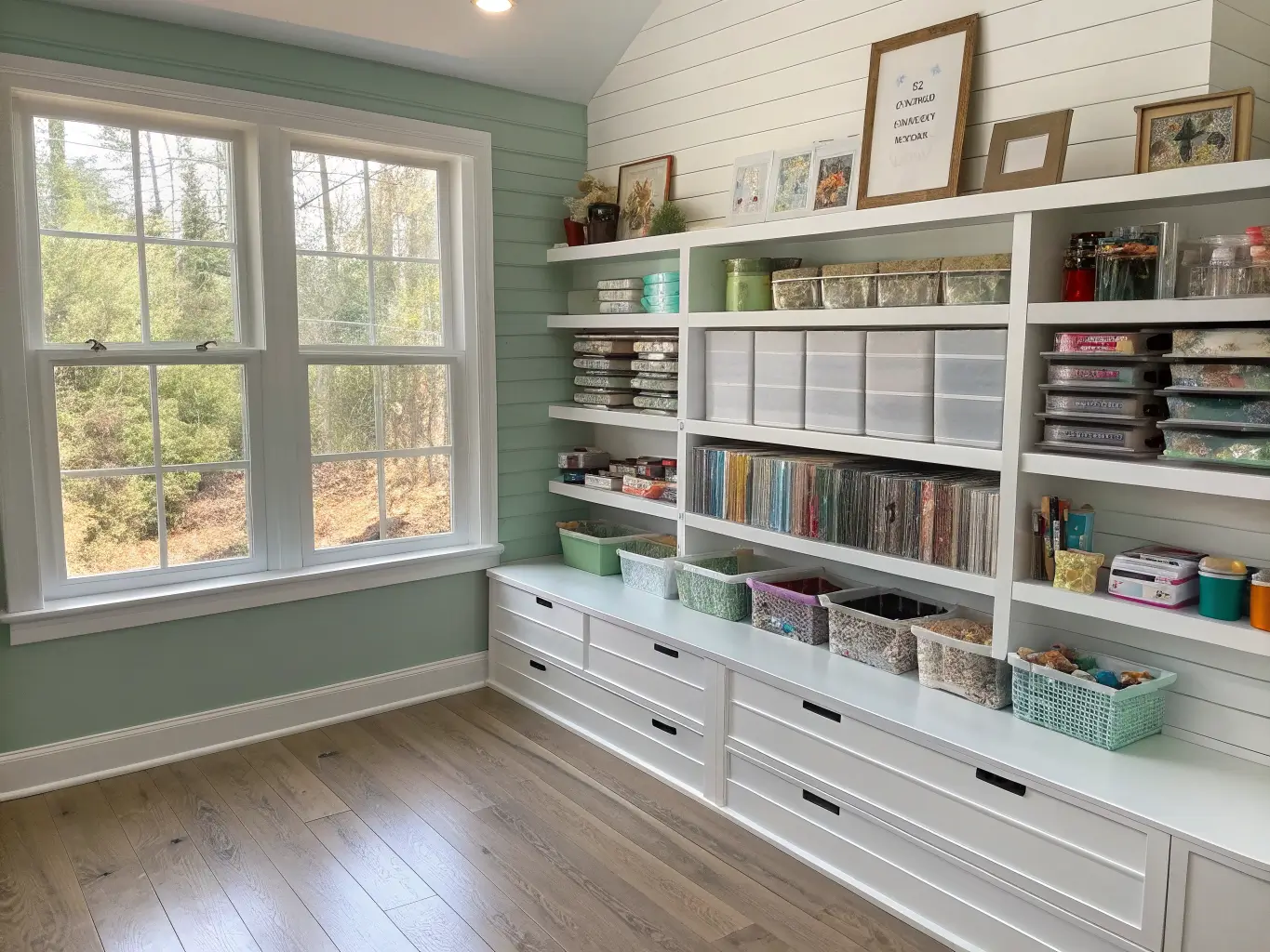 Sunlit craft room with window, white floating shelves holding scrapbook paper, markers, and jars of buttons on a sage-green wall, with a half-finished paper project.