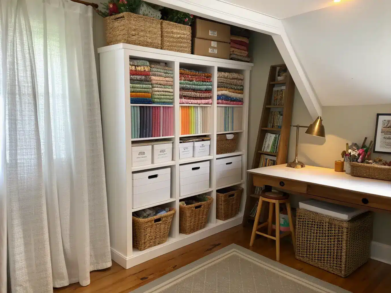 Cozy craft closet nook with ceiling-height open bookcase, labeled white bins, fabric and yarn, seagrass basket, brass tool hooks, and a vintage wooden step stool in warm afternoon light.