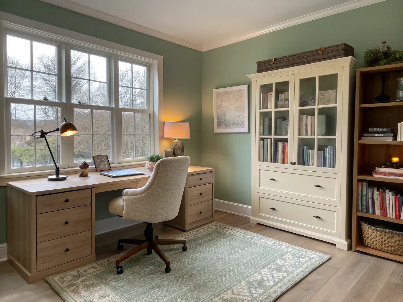Photorealistic study room with large window, light oak floor, sage accent wall, desk by window, ivory ergonomic chair, warm desk and floor lamps, beige cabinet, open shelves, gray rug, and small corkboard.