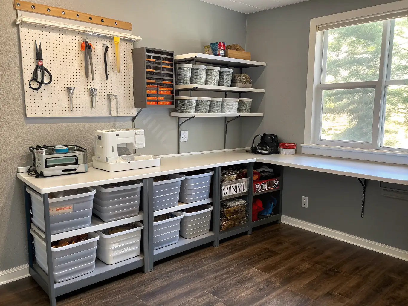 Low wide-angle view of a garage craft station with white steel track shelving holding a sewing machine and fabric bolts, labeled vinyl bins, and a pegboard with tools in late afternoon light.