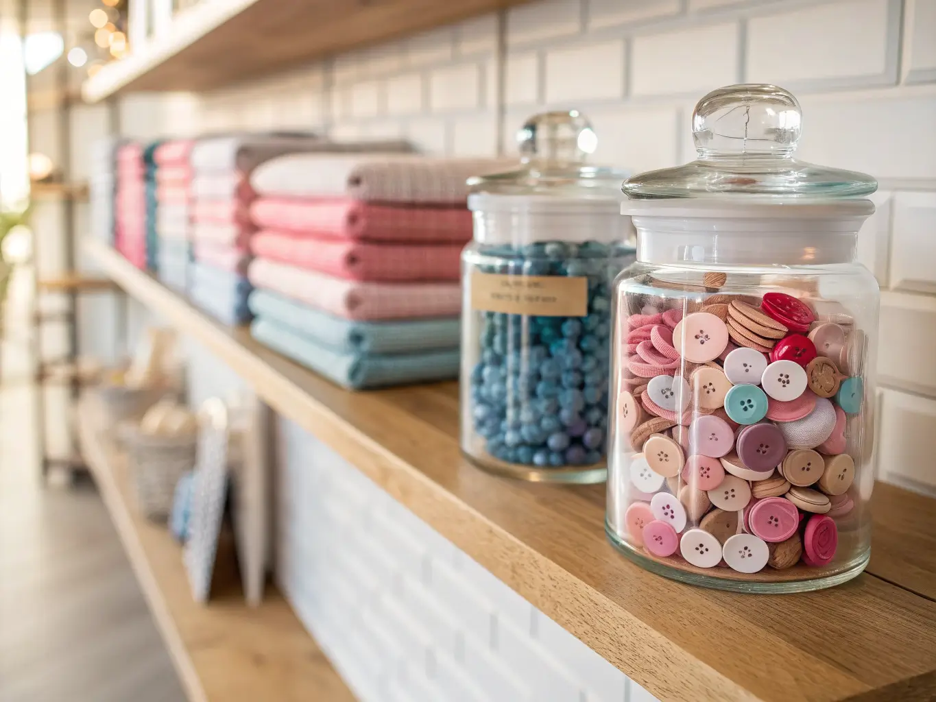Close-up of glass apothecary jars with color-sorted buttons, ribbons, and beads on an oak shelf in soft morning light, with blurred fabric shelves behind.