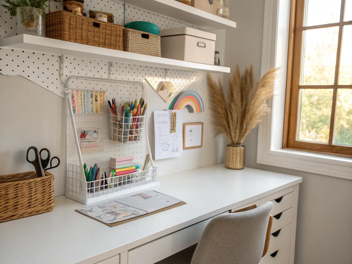 Craft room desk with overhead grab-zone shelf holding scissors and tape, rainbow scrapbook paper on floating shelves, cutting mat and pampas grass in soft afternoon light.