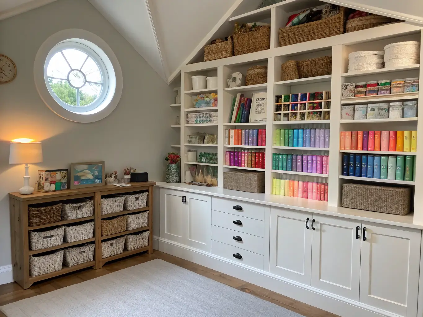 Wide-angle view of a cottage-style craft room wall with white-washed shelves, thread rack with rainbow spools, acrylic bins and jars, framed cross-stitch under LED lighting, and a round window glowing in warm morning light.