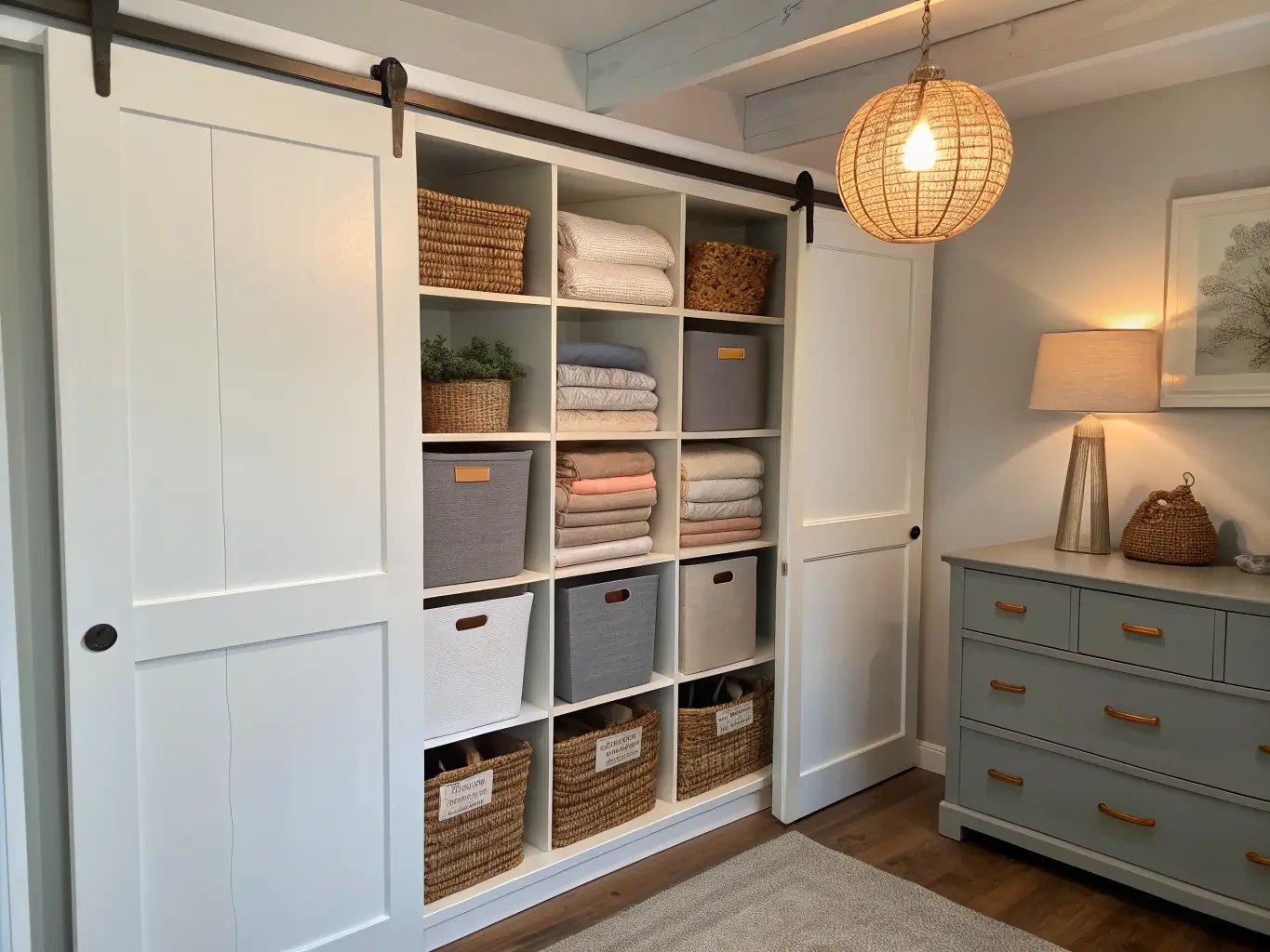 Minimalist craft closet with partially open barn doors, cube shelves of gray and cream fabric bins, pastel fabric bolts, yarn basket, and warm pendant light glow with brass pulls.
