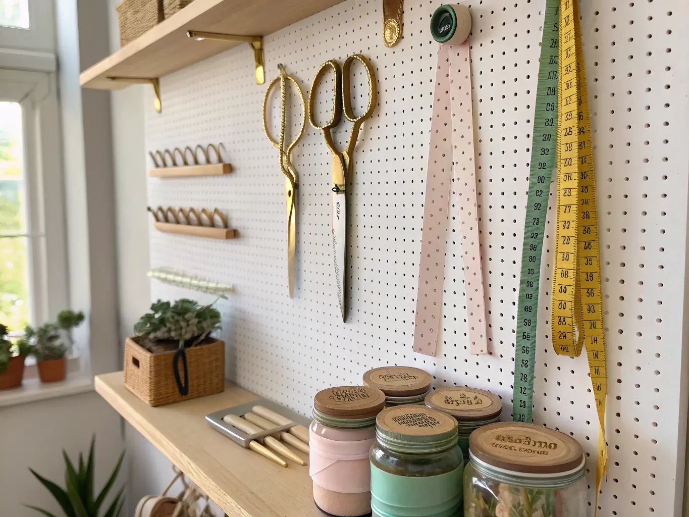 Matte white pegboard with brass hooks holding scissors and measuring tapes above an oak shelf with pastel ribbon jars and a small eucalyptus plant in soft daylight.