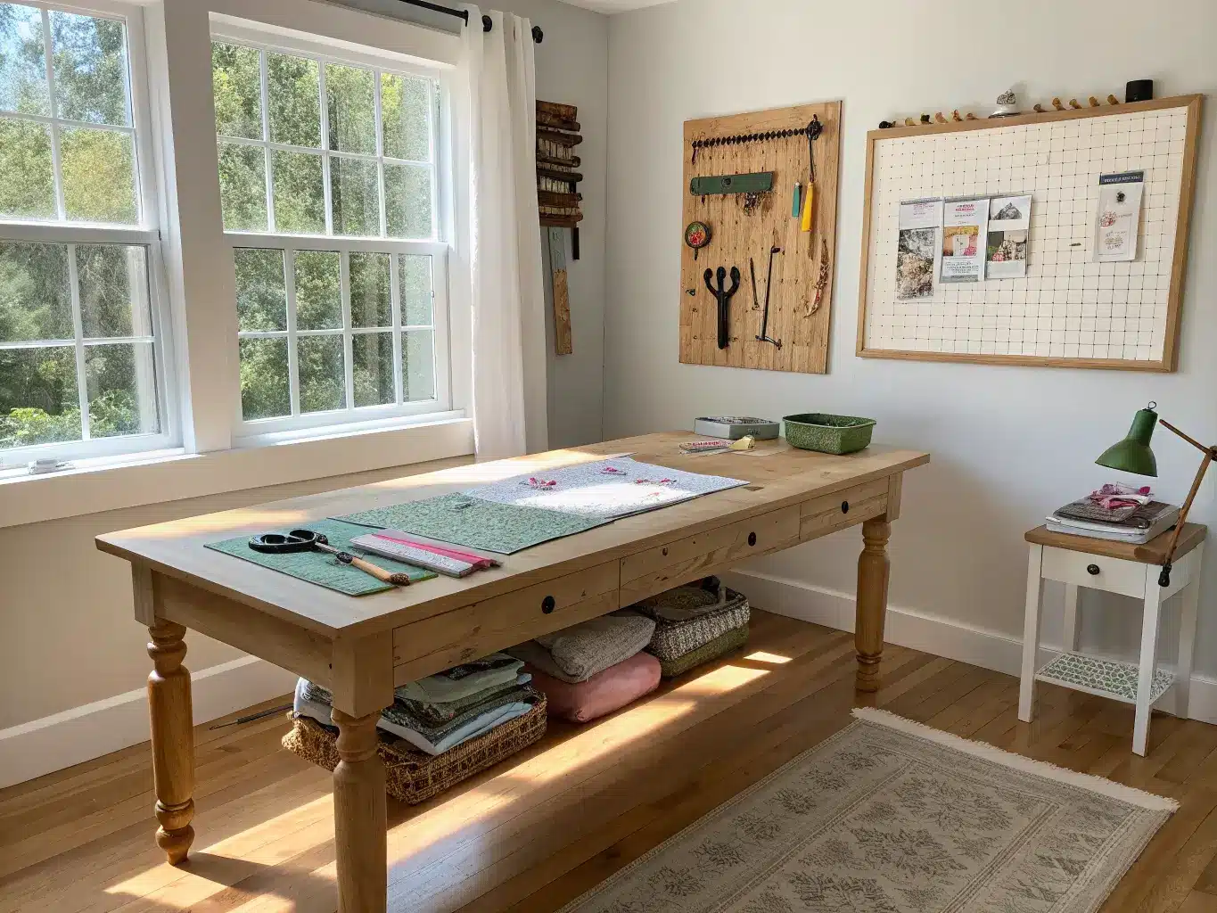 Sunlit craft room with a butcher-block work table, sketchbook and fabric swatches, pegboard tools, rattan stool, and warm beige walls above a whitewashed oak floor.