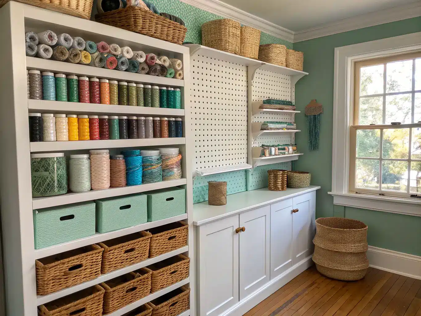 Cozy craft room corner with white modular shelving and pegboard, glass jars of buttons and floss, rattan baskets of yarn, sage green walls, and a warm wood cabinet in late-afternoon light.
