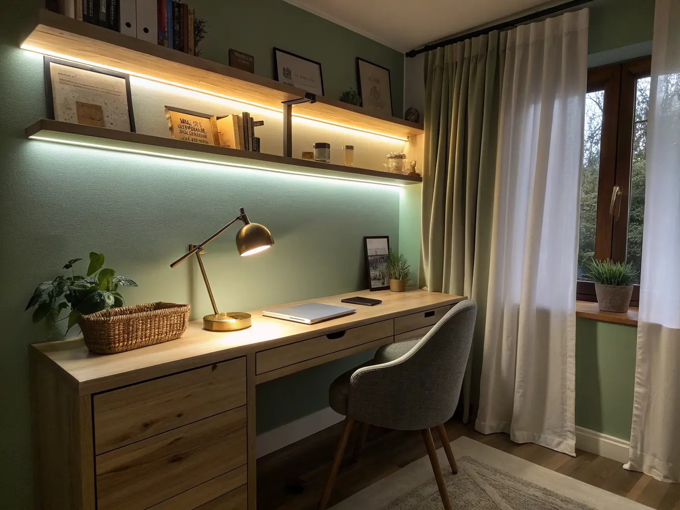 Photorealistic evening study nook with warm LED under-shelf lighting on a sage-green wall, brass desk lamp on a matte desk, chair in shadow, sheer curtains, small plant, and woven cable basket.