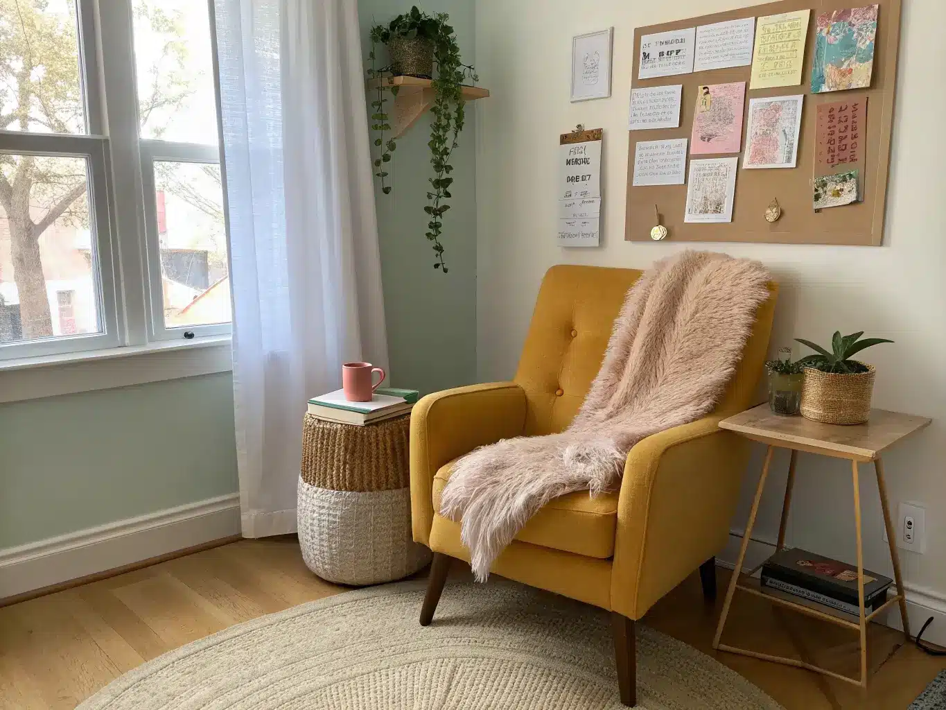 Photorealistic craft room reading nook with a mustard vintage chair and sheepskin throw by a window with sheer curtains, side table with mug and pothos, and a corkboard of fabric swatches and paint chips in warm golden light.