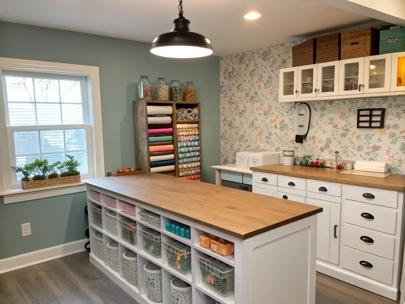 Wide, slightly elevated view of a craft room island with pale butcher-block top, white drawers, jars of beads, a lucite tape dispenser, and folded teal and burnt orange fabrics under a warm black wire pendant light.
