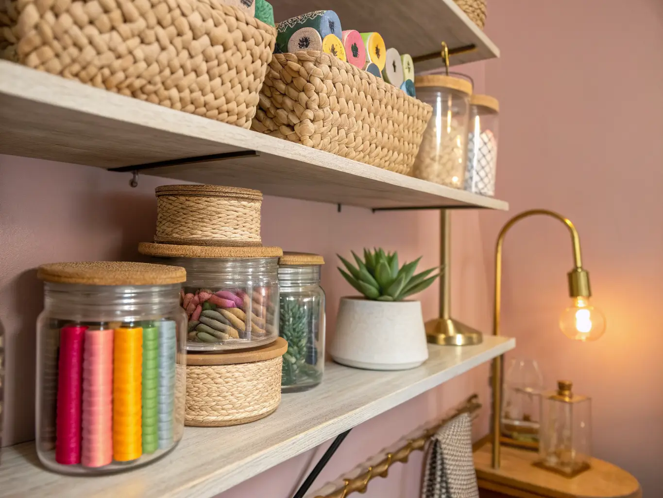 Close-up of craft room shelving with glass jars of colorful thread spools, rattan baskets, a brass-potted succulent, and a mustard-and-cream linen runner against a dusty pink wall under warm brass sconce light.