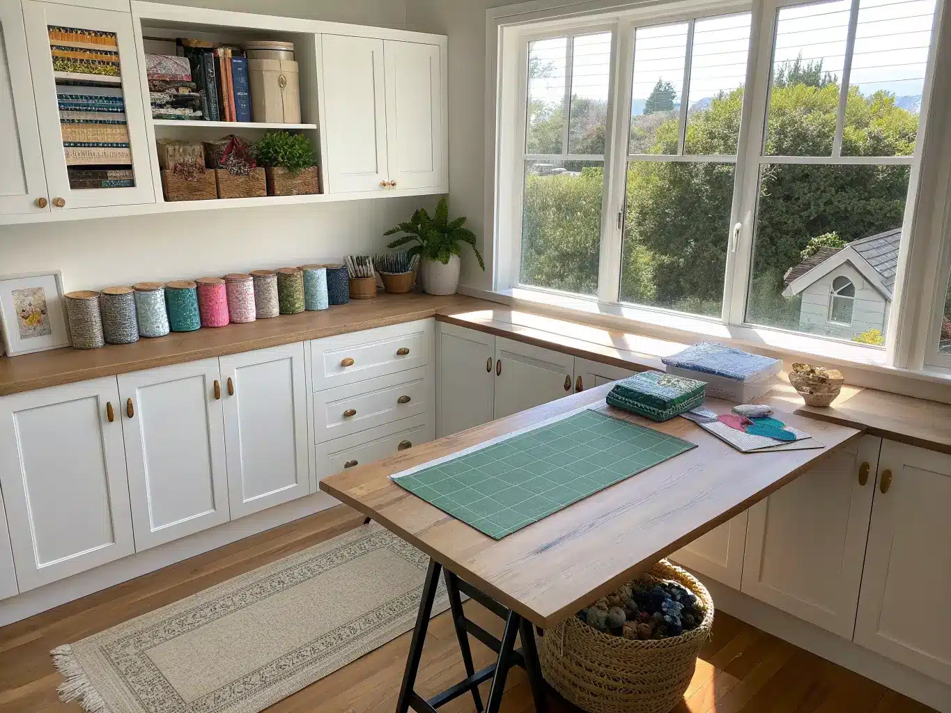 Sunlit craft room workspace under a large window with a wood worktable, cutting mat, ribbon spools, eucalyptus stem, and white cabinets with glass canisters on a jute rug.