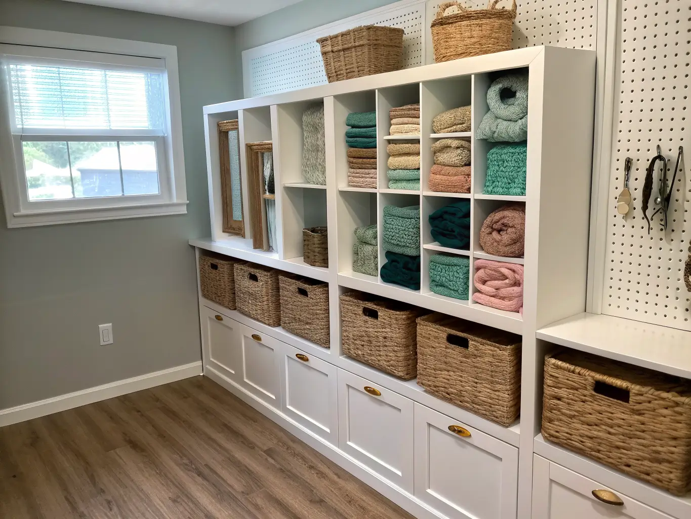 Straight-on view of white shaker cubby cabinets with rattan basket inserts labeled in brass, holding folded fabric and yarn in sage, teal, and dusty pink, beside a glimpse of pegboard tools in warm afternoon light.