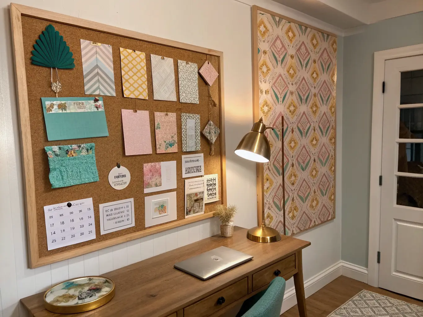 Craft room inspiration wall with a framed corkboard holding fabric swatches, dried botanicals, and teal, mustard, and blush paint chips, lit by a warm brass floor lamp beside a blush-and-cream geometric accent wall at dusk.