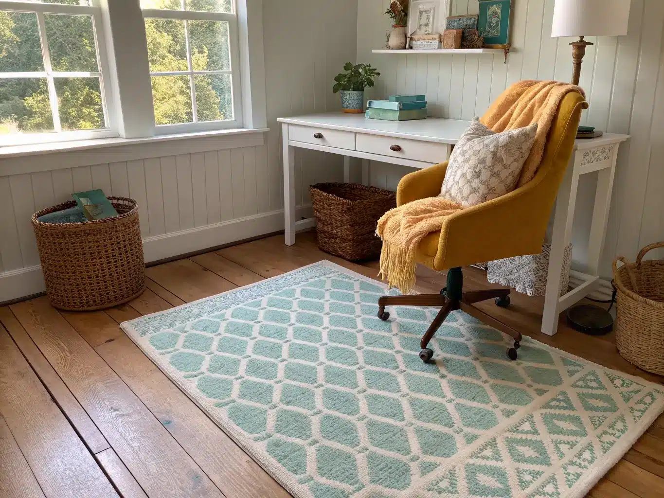 Low-angle photo of a craft room corner with a cream wool rug with teal geometric pattern on wood floor, mustard velvet task chair with quilt, yarn basket, and morning sunlight highlighting textures.