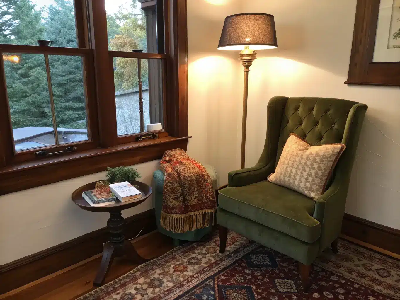 Cozy bedroom nook by a window at dusk with a green velvet wingback chair, warm lamplight, stacked vintage books, and a worn Persian rug.
