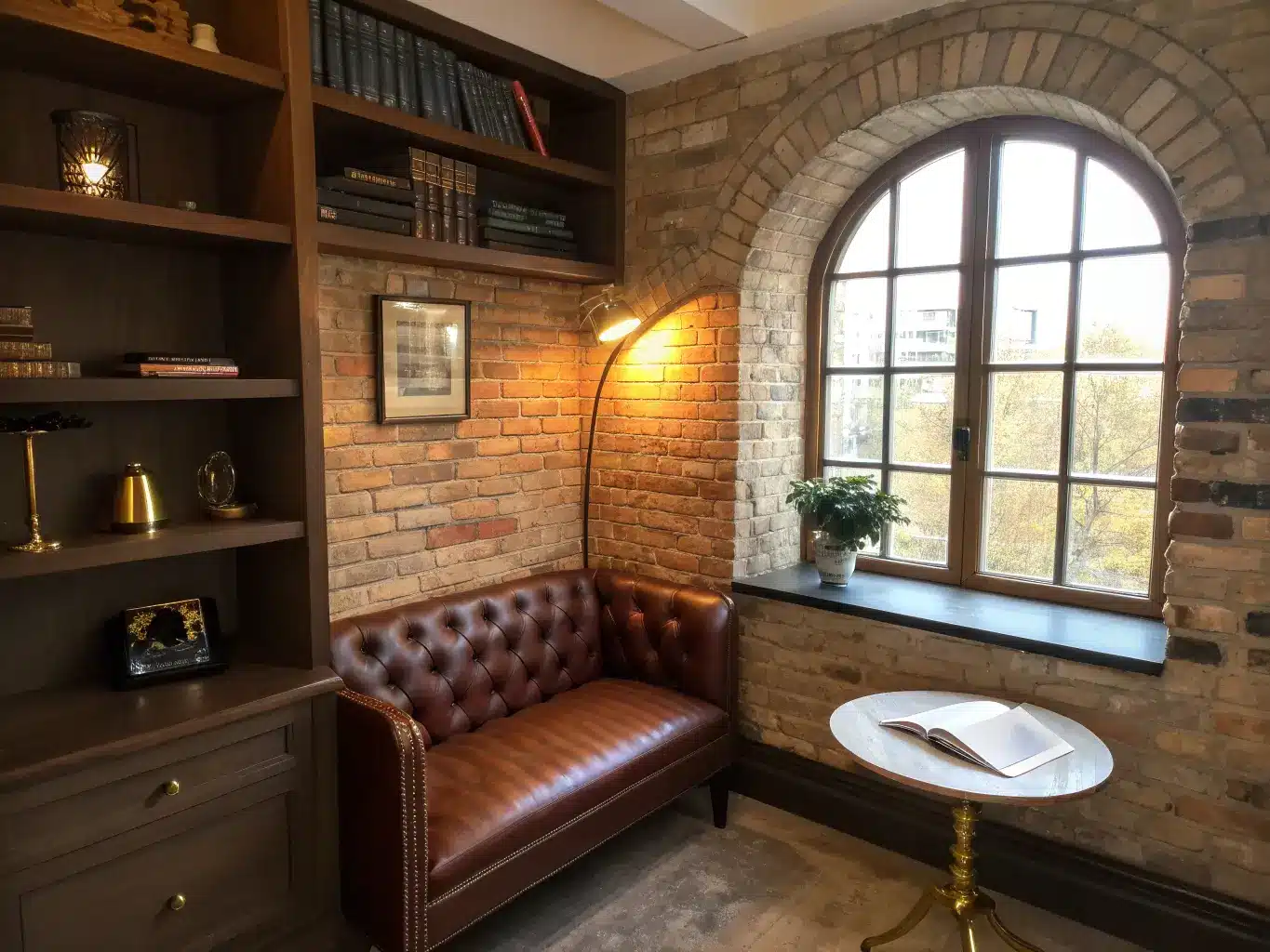 Compact home office alcove with exposed brick, arched window at golden hour, espresso built-in shelves flanking an oxblood Chesterfield loveseat, marble-top brass side table with journal and candlestick, charcoal walls, and warm brass sconce lighting.