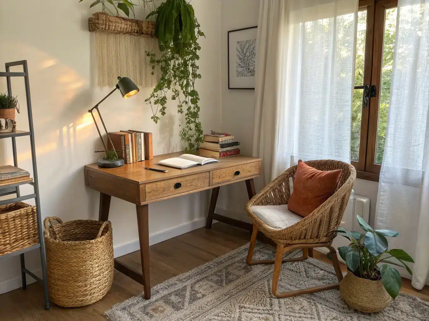 Boho study corner with honey wood desk, rattan basket, hanging pothos by linen-curtained window, brass lamp, shelves, and golden-hour light over a jute rug.