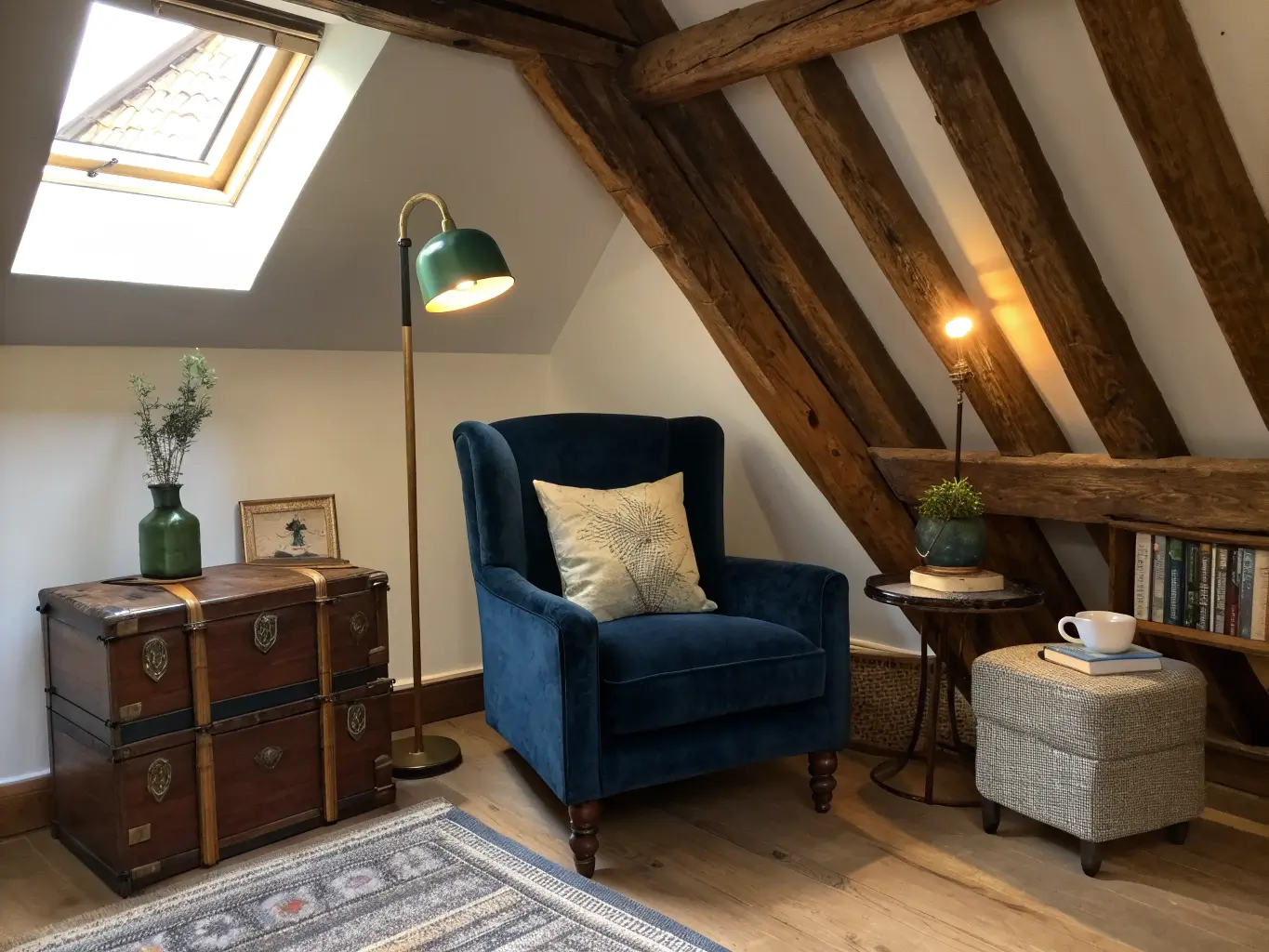Under-stair reading nook with aged oak beams, navy velvet armchair, brass green-glass lamp, steamer trunk side table, and warm oatmeal walls in soft evening light.