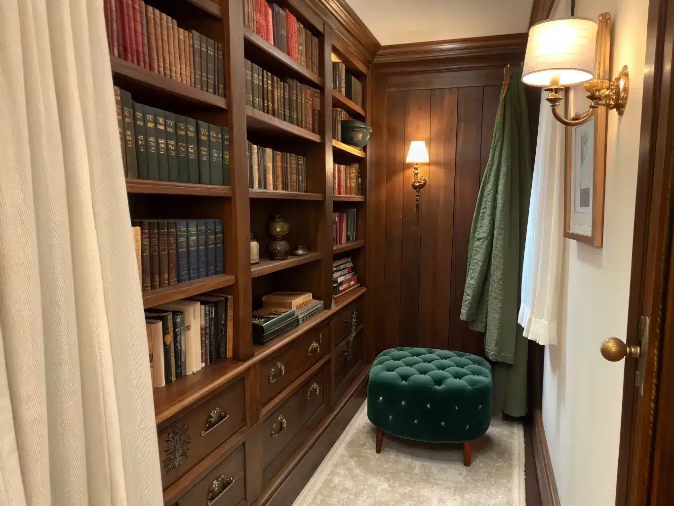 Narrow converted closet nook with tall walnut shelves packed with jewel-toned leather-look books, a green velvet tufted stool, brass hook with wool scarf, warm sconce light, and a partially drawn cream linen curtain.