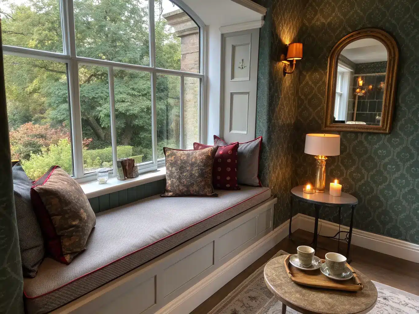 Cozy bay window seat with charcoal linen bench, oxblood piping, oatmeal bolster pillows, oak side table with candle and teacup, arched mirror glow, and forest green toile wallpaper at grey dusk.