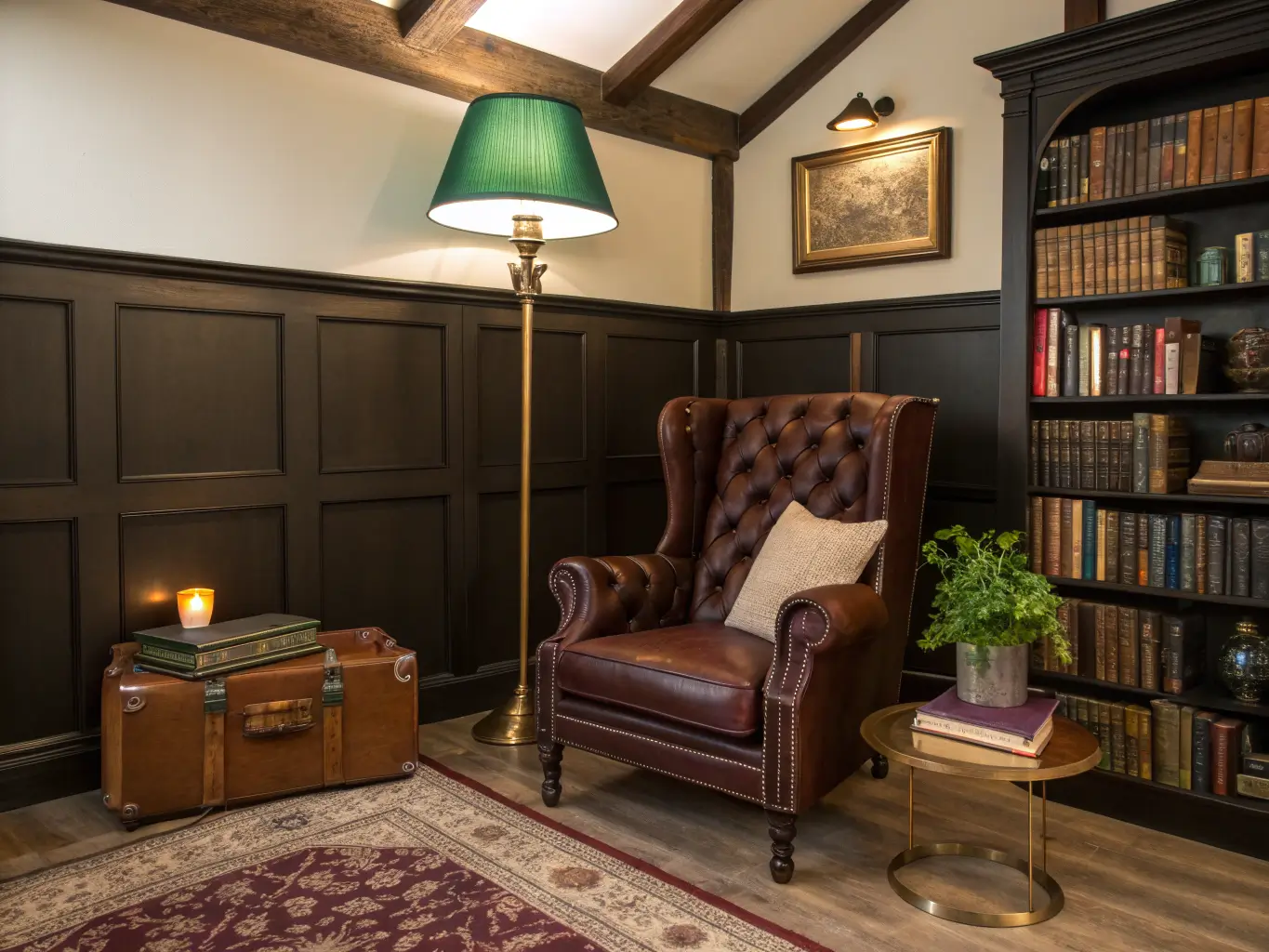 Gothic library-style living room corner with an espresso tufted leather wingback chair, brass floor lamp with green glass shade, vintage suitcase side table with stacked books and candlestick, arched shelf with trailing fern, and warm golden lighting.