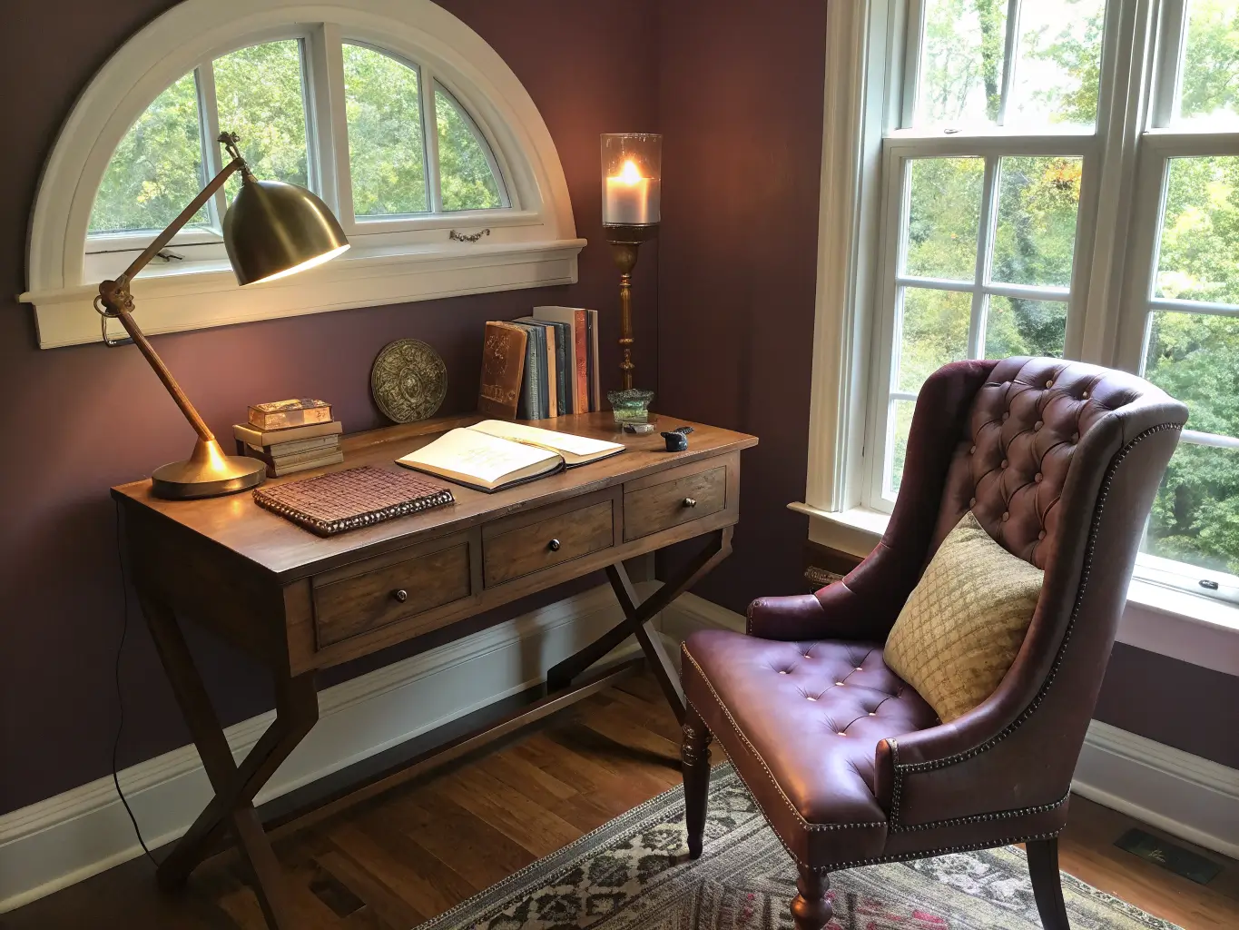 Walnut desk nook under an arched window with brass lamp lighting an open leather journal, oxblood tufted chair, aubergine walls, and coordinated bookshelves.