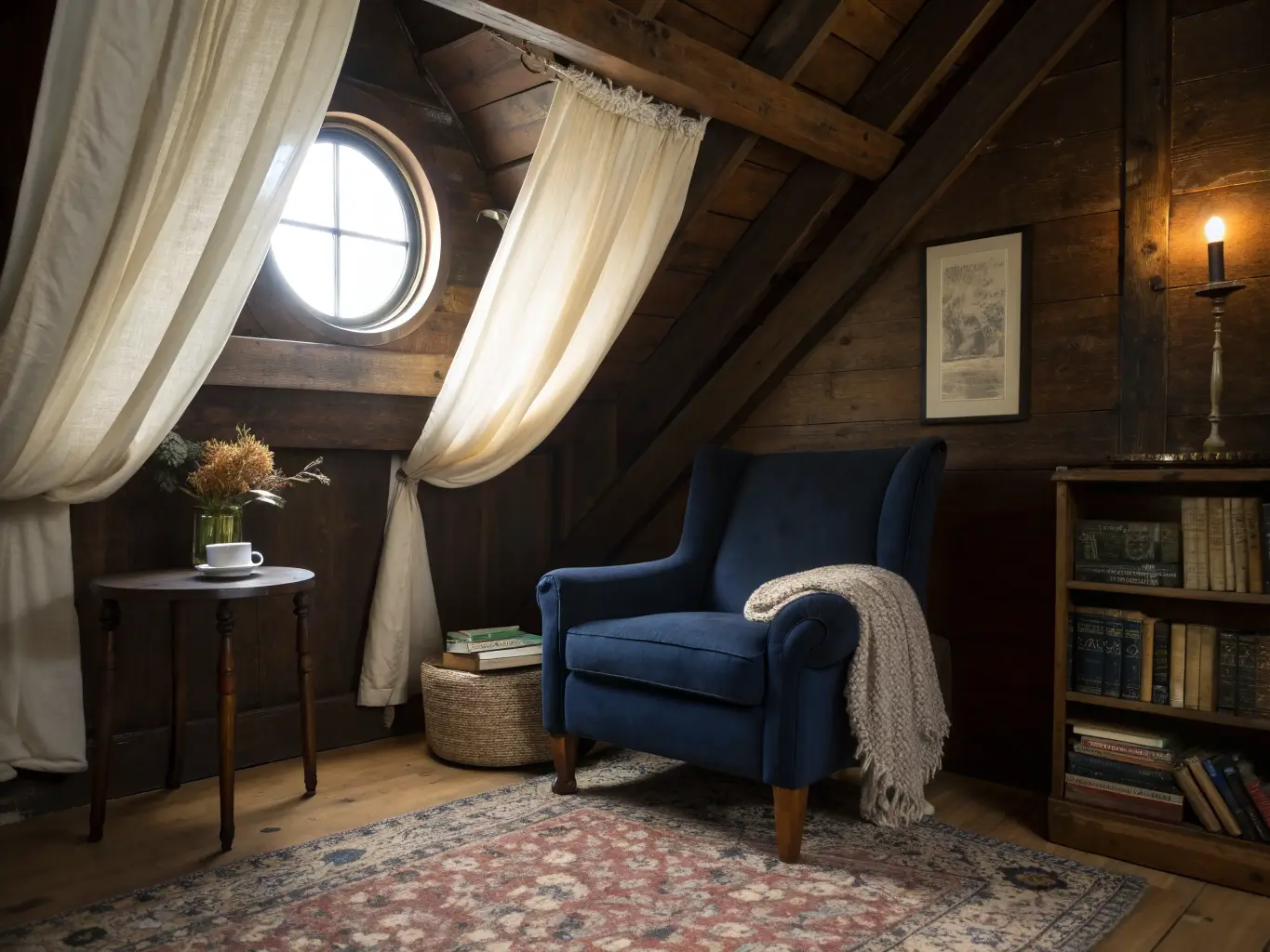 Moody attic reading nook with navy velvet armchair on a Persian rug, brass sconce glow, side table with teacup and old books by a round window with gauzy curtains.