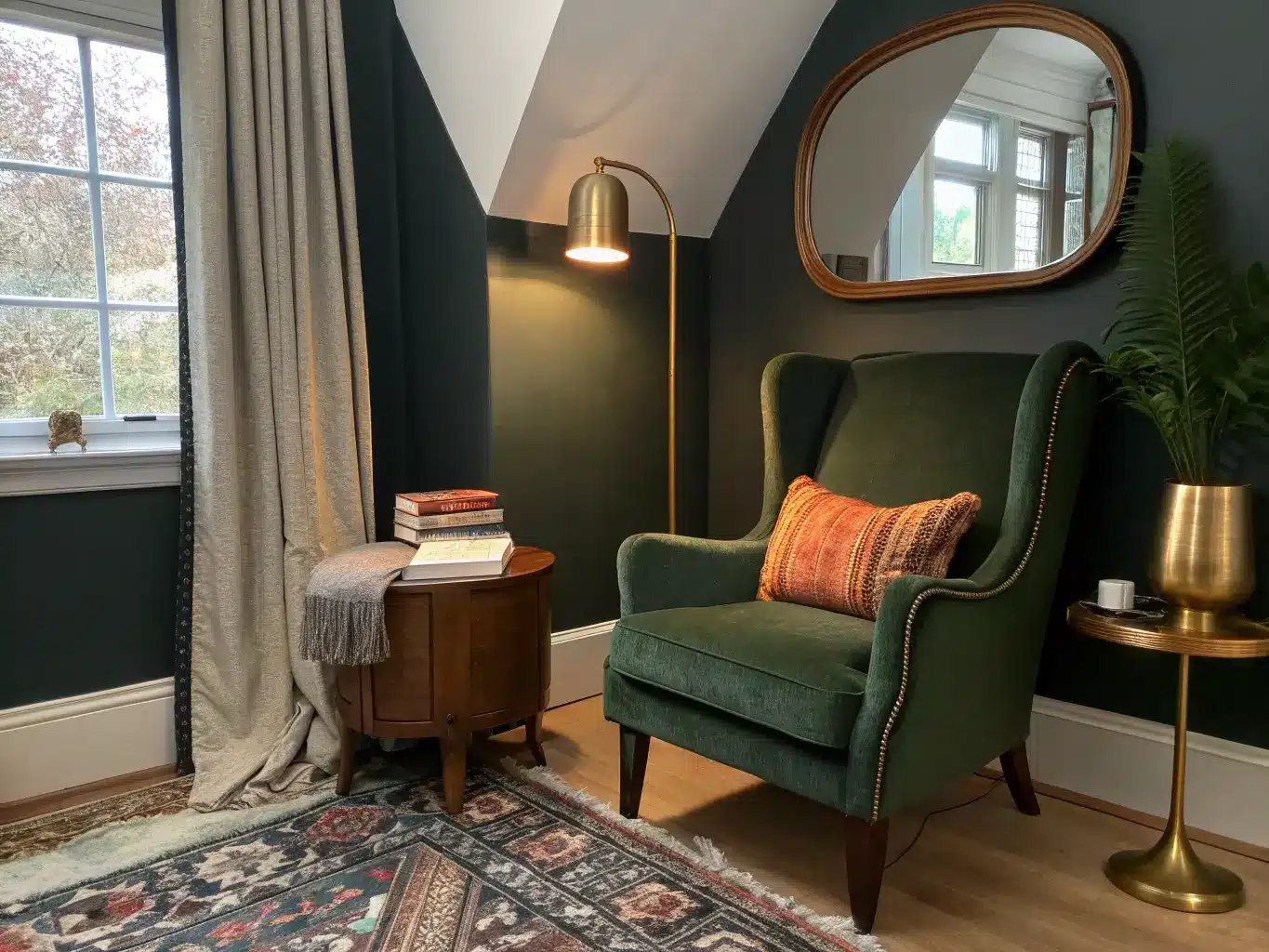 Wide view of a cozy bedroom reading corner with a forest green wingback chair, brass floor lamp, walnut side table with books and fern, charcoal accent wall, and warm evening lamplight.