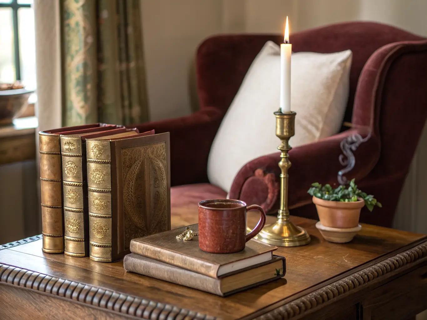 Close-up of a walnut side table with brass bookends and leather books, a lit taper candle, a steaming mug, and a trailing pothos, warmly lit with a blurred velvet chair in the background.