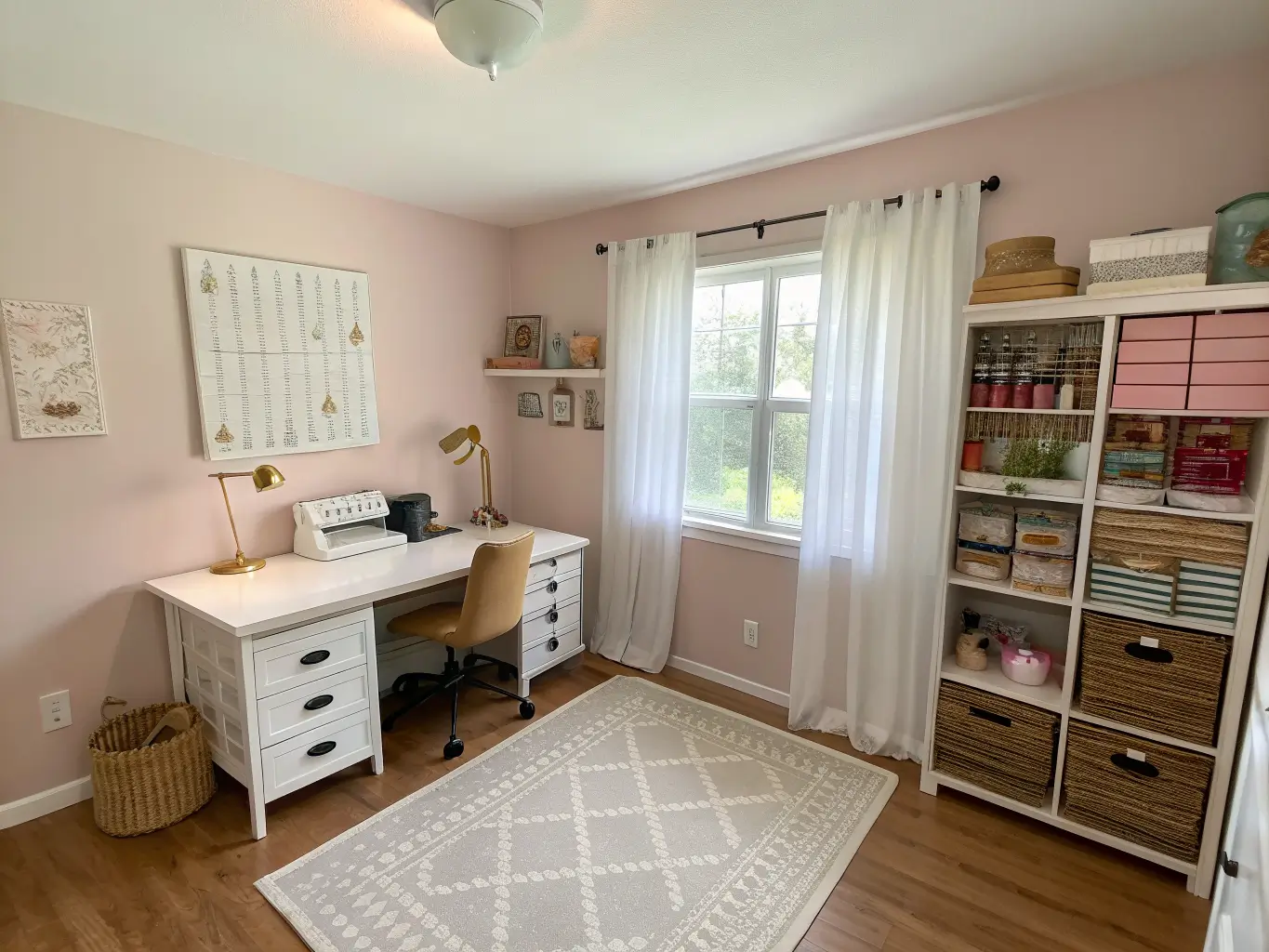 Photorealistic blush-painted craft room with white desk holding a Cricut, modular shelves with labeled bins, black chair with gold legs, botanical prints, and soft window light through sheer curtains.