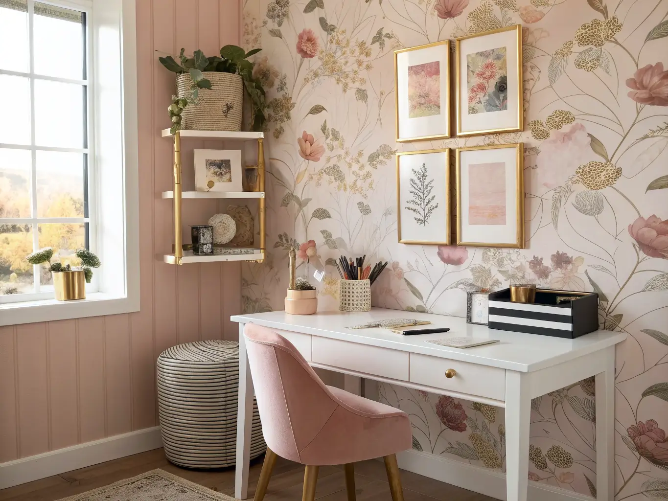Photorealistic craft room with blush-pink accent wall, muted floral peel-and-stick wallpaper behind a white desk, three asymmetrical gold-framed prints in afternoon light, and desk accessories with striped storage bin.