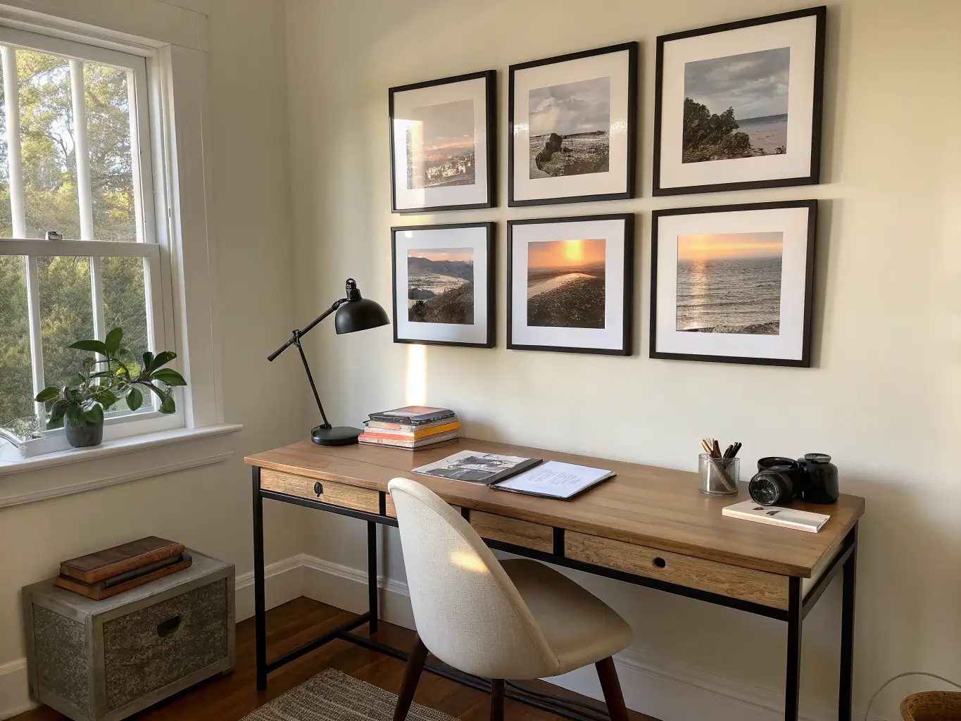 Photorealistic study desk with three evenly spaced black-framed prints on an ivory wall, matte oak surface with lamp, stone paperweight, open notebook, and a nearby floating shelf with books and a plant in soft midday light.