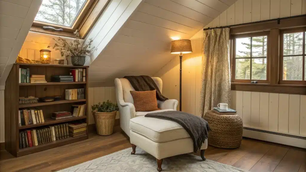 Cozy attic reading nook with walnut club chair, brass floor lamp, built-in bookshelf under sloped ceiling, and warm sunlight through a dormer window.