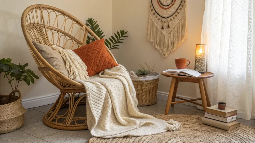 Cozy sunlit boho reading nook with a rattan peacock chair on a jute rug, layered pillows and knit throw, side table with mug, candle and open book, pothos plant, and macramé wall hanging in warm amber light.