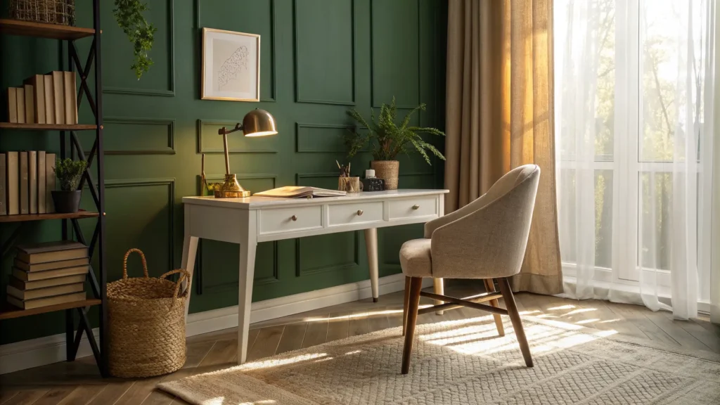 Warm home office with bottle-green accent wall behind a white-ash desk, brass task lamp, oatmeal linen chair, books, potted plant, and cream rug in golden sunlight.