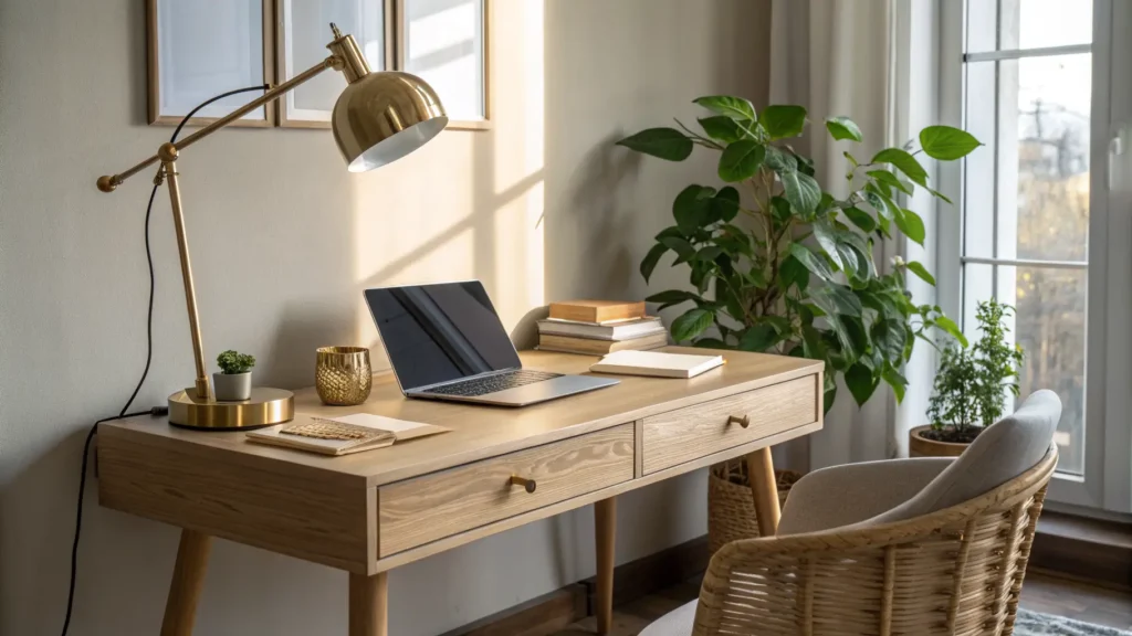 Calm modern study nook with a light oak desk, brass lamp, pothos plant, and soft window light.