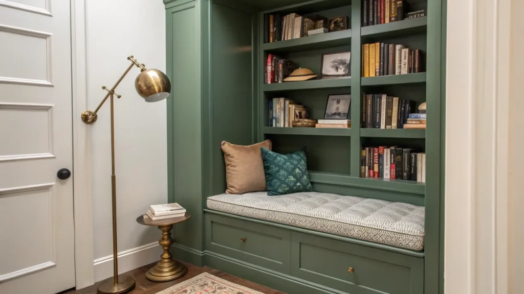 Closet reading nook with pewter green walls, cushioned bench, brass lamp, and books on a clean background