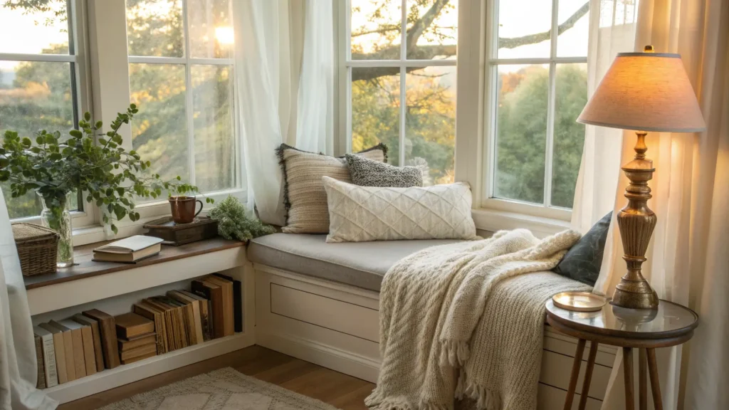 Cozy bay window reading nook with cream linen cushion, gray pillows, chunky knit throw, books and steaming mug on a wood side table, warm golden-hour light, sheer curtains, brass lamp, and potted greenery.